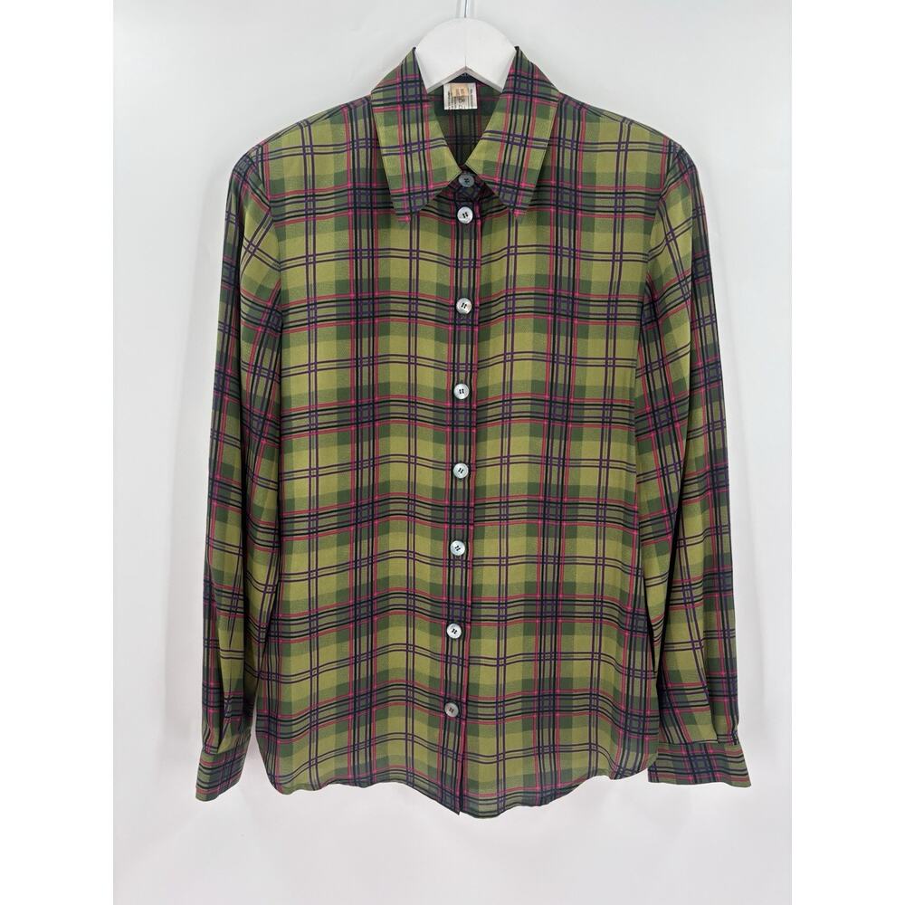 Louis Feraud Button Up Blouse Womens 6 Green 100% Silk Plaid Long Sleeves Collar